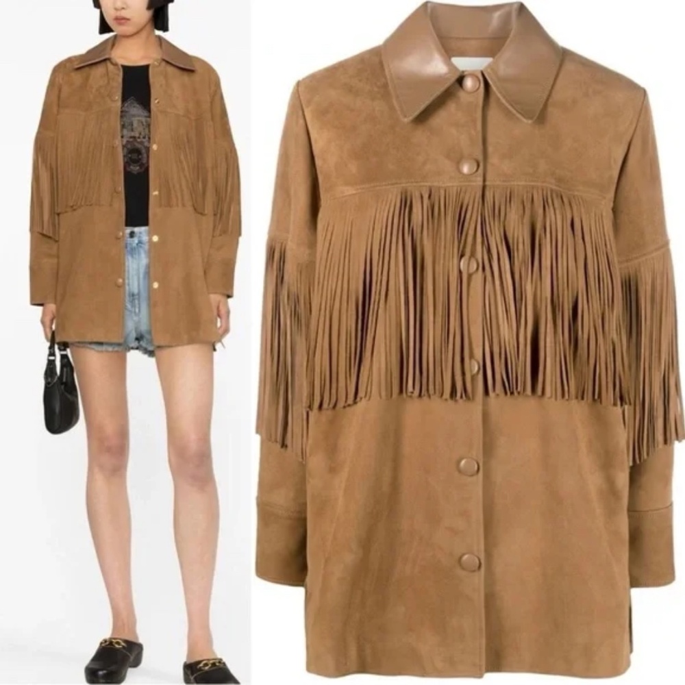 Sandro Atila Fringe Suede and Leather Jacket in Camel